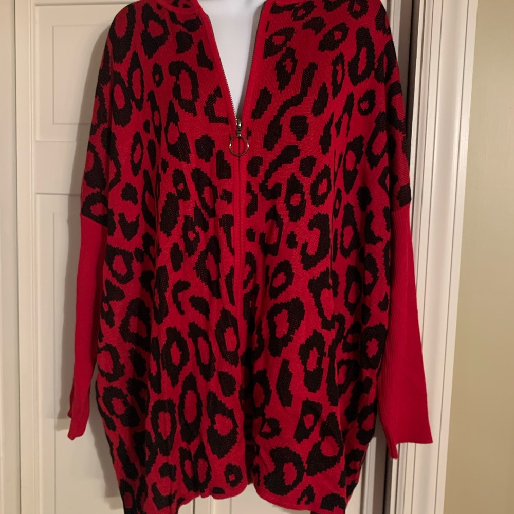 Cardigan oversized sweater.  Red animal print